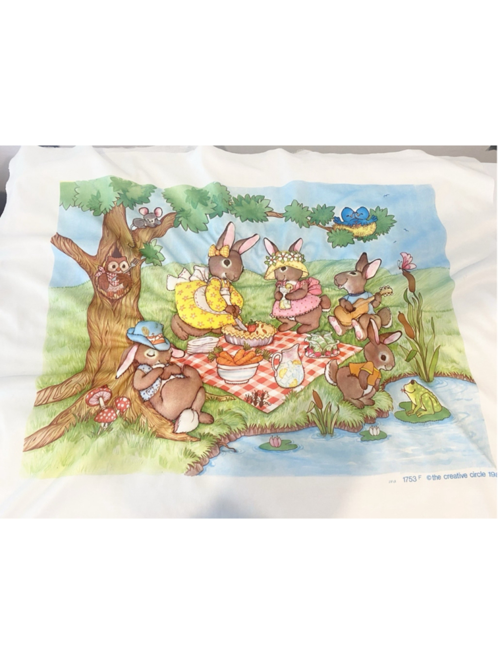 Vintage 1981 Creative Circle Bunny Picnic Quilt Panel Unfinished Craft Pillow